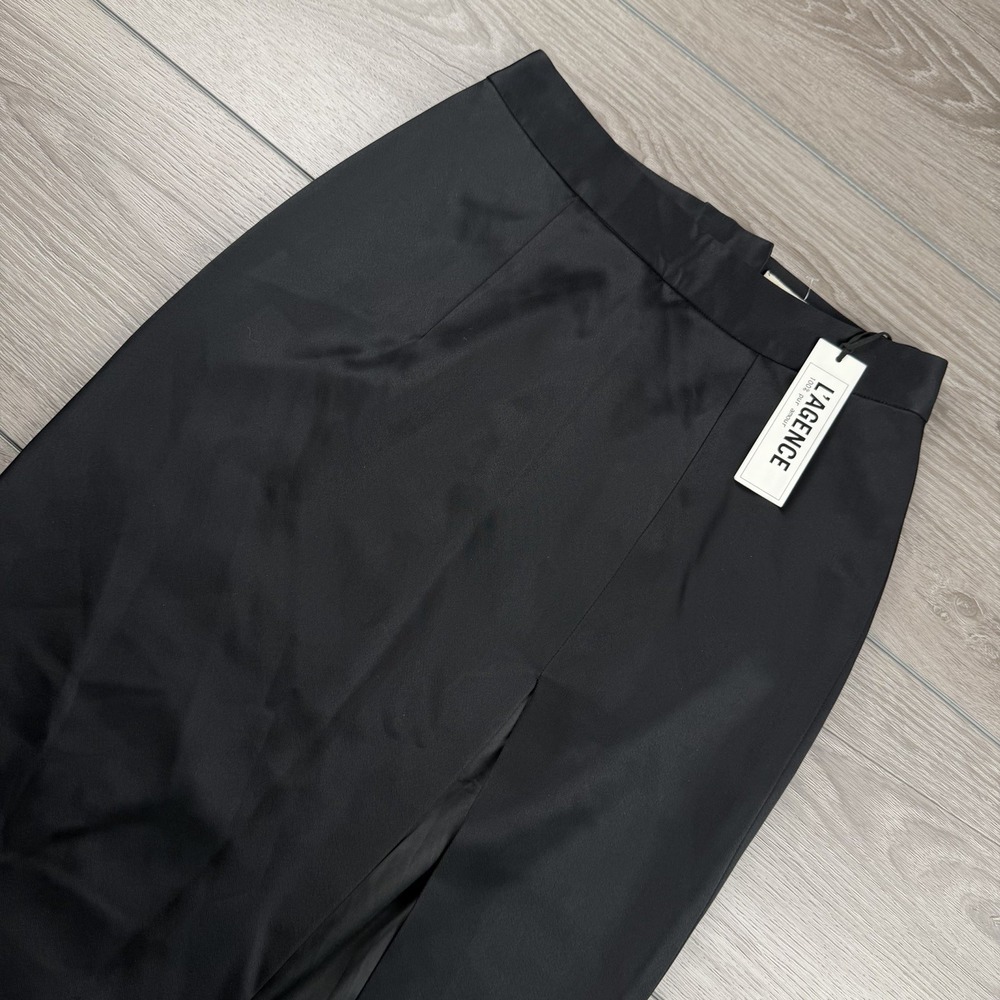 L'AGENCE Women's Satin Midi Pencil Skirt Side Slit‎ Black 2 New